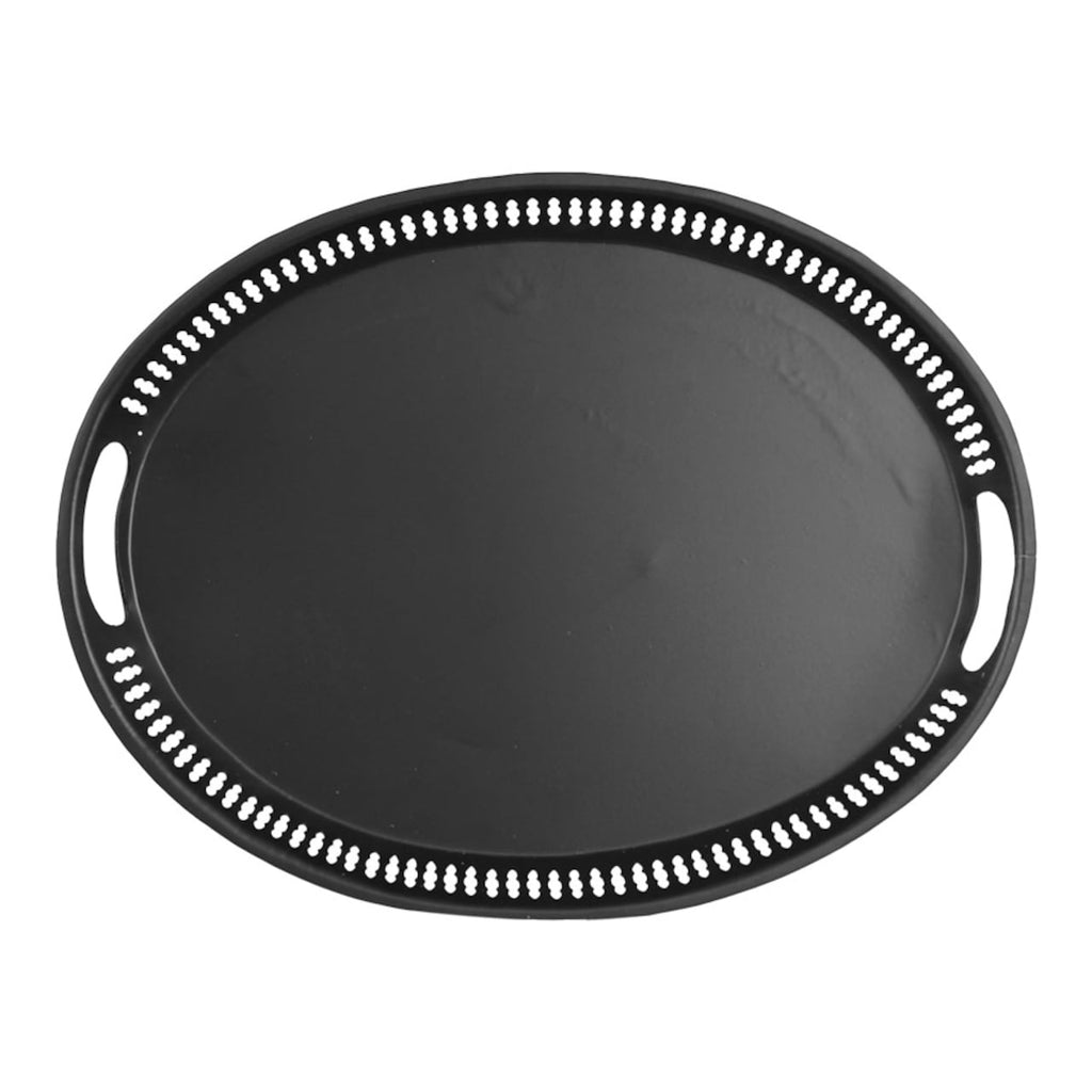 svart oval bricka i plåt med handtag